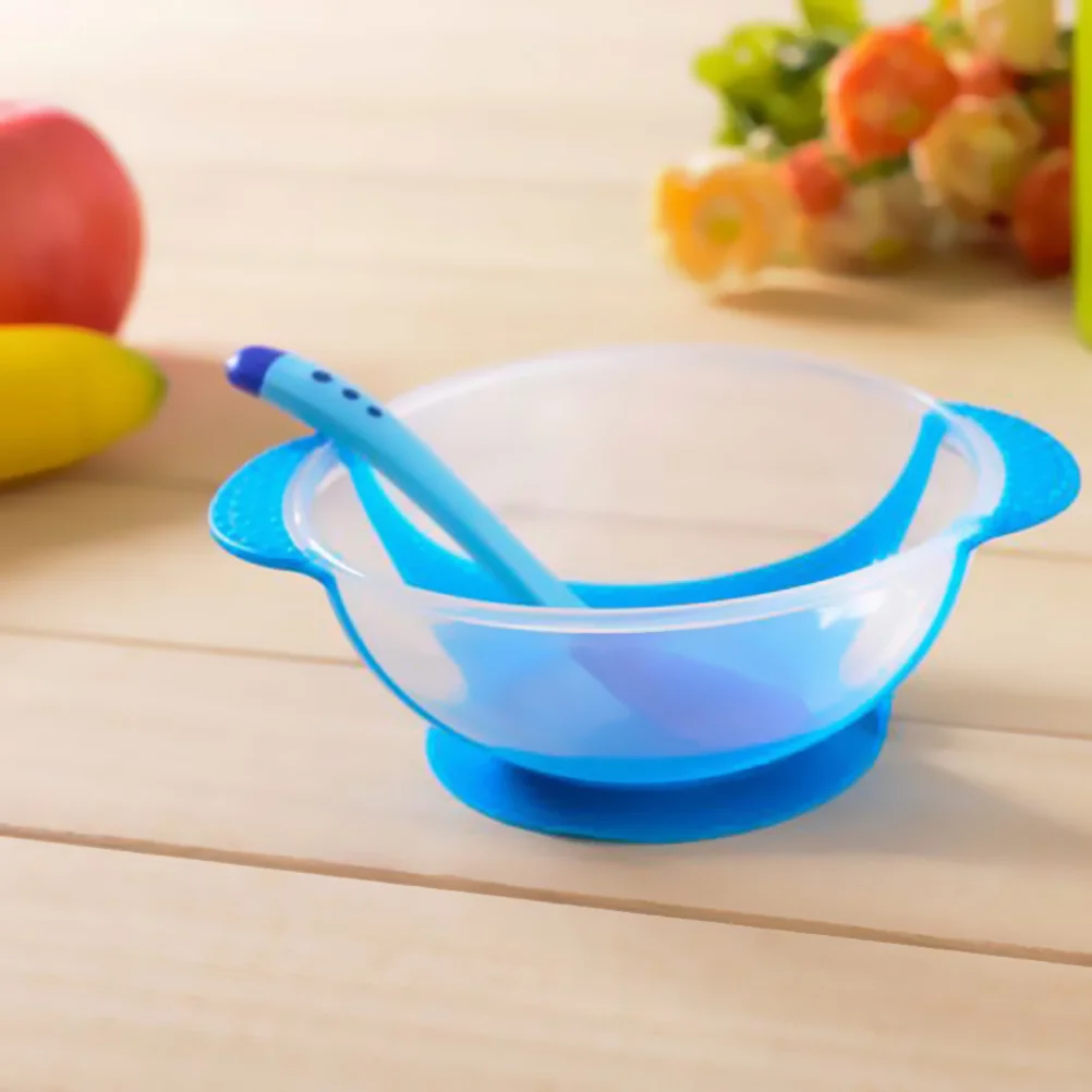 Ciotola con ventosa in silicone per l'alimentazione del bambino Stoviglie antiscivolo con rilevamento della temperatura Posate che cambiano colore Cucchiaio da addestramento per bambini