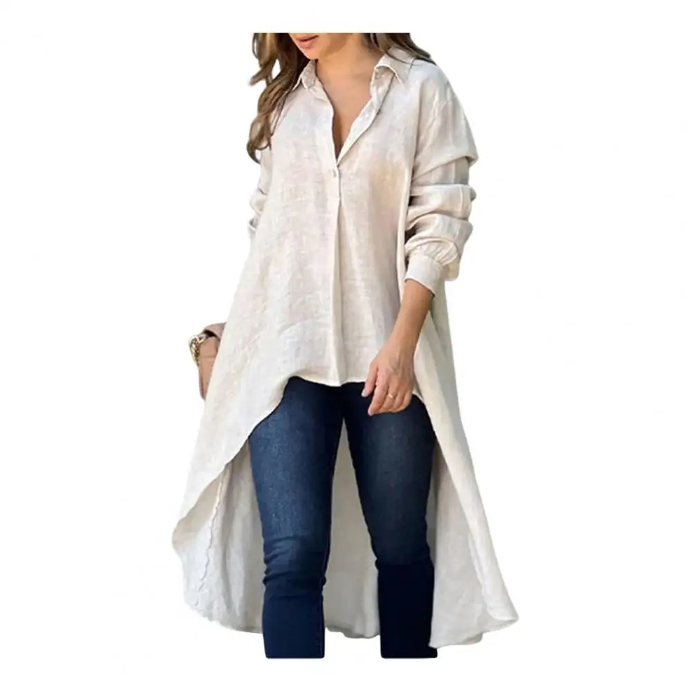 

Relaxed Style Women Top Elegant Women's Lapel Button Shirt with Irregular Hem Loose Fit Solid Color Top for Workwear Long Sleeve