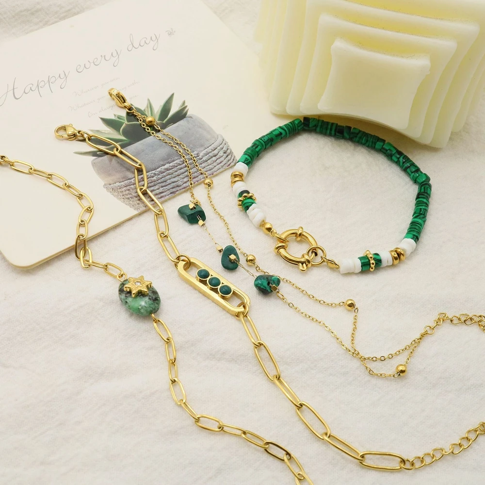 WILD & FREE Boho Vintage Green Natural Stone Bracelets for Women Stainless Steel Trendy Charms Aesthetic Jewelry Set image 2