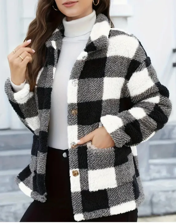 

Office Lady Autumn Winter Women Plush Coat Jackets Plaid Print Outerwear Thick Warm Single Breasted Turn Down Collar Overcoat