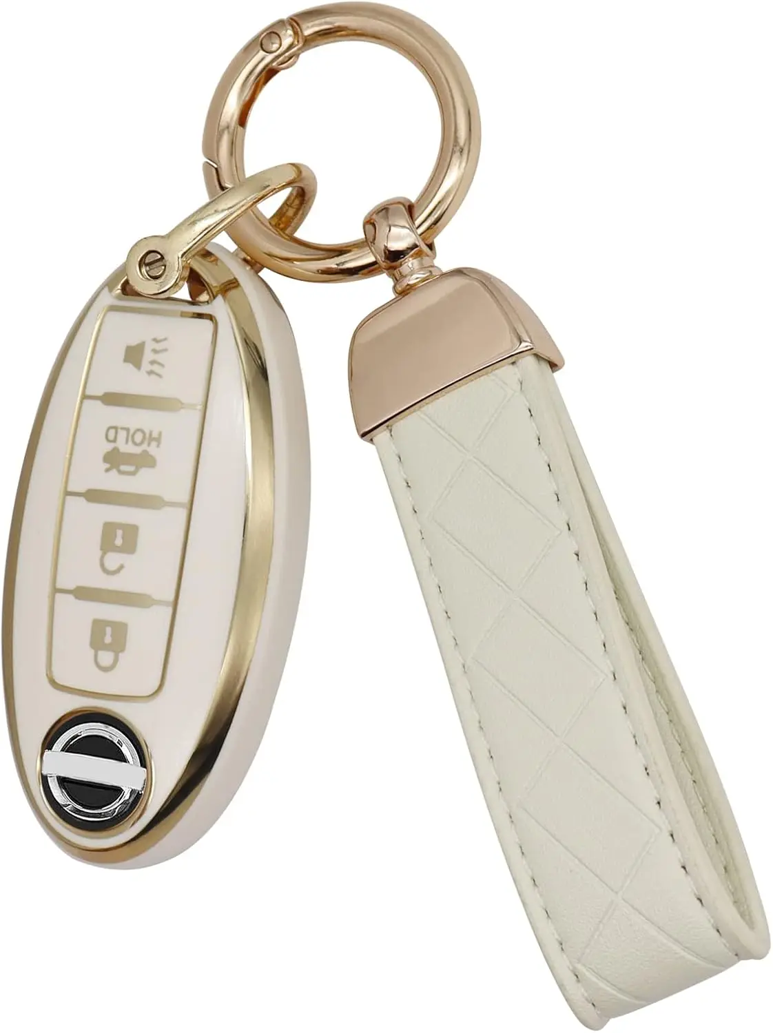 

Key Fob Cover for Nissan Altima Maxima Rogue Armada Pathfinder Smart Key 4 Buttons White TPU Leather Keychain