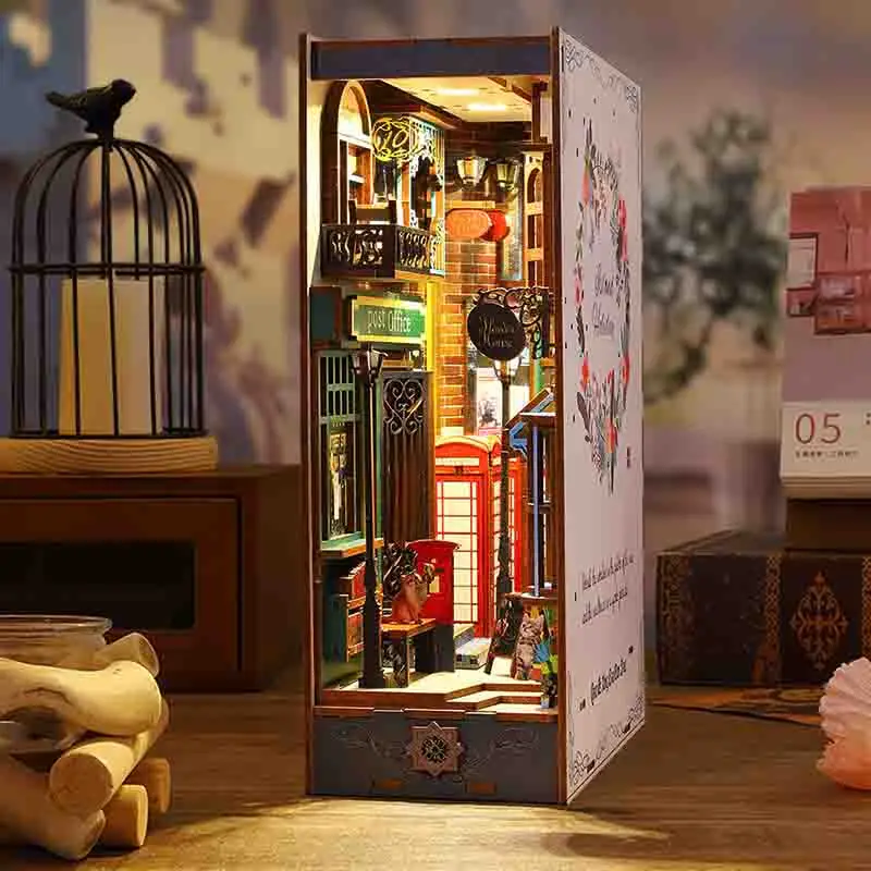 Zestaw DIY Drewniany Book Nook Wkładka do Półki Casa Miniaturowy Domek dla Lalek Wyspa Wakacje Kreatywny Zestaw do Składania Podpórka do Książek Puzzle 3D dla Dorosłych