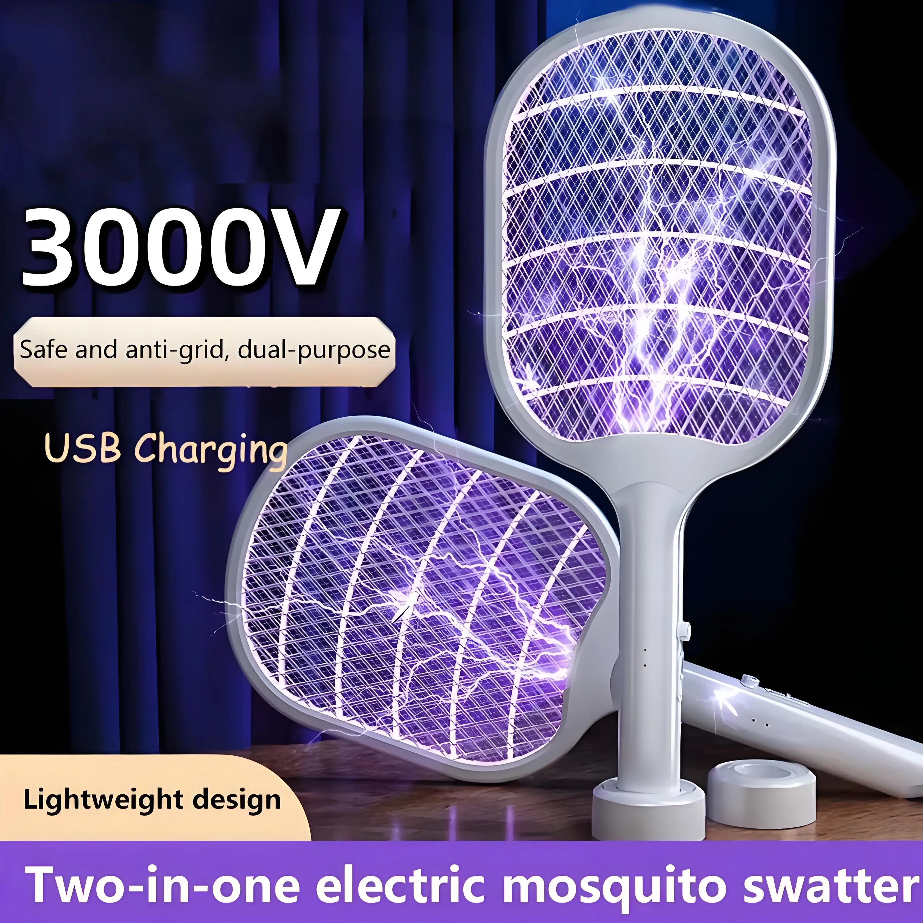 3000V Electric Mosquito Swatter 2-In-1 Rechargeable Mosquito Swatter Multifunctional Household Automatic Mosquito Swatter