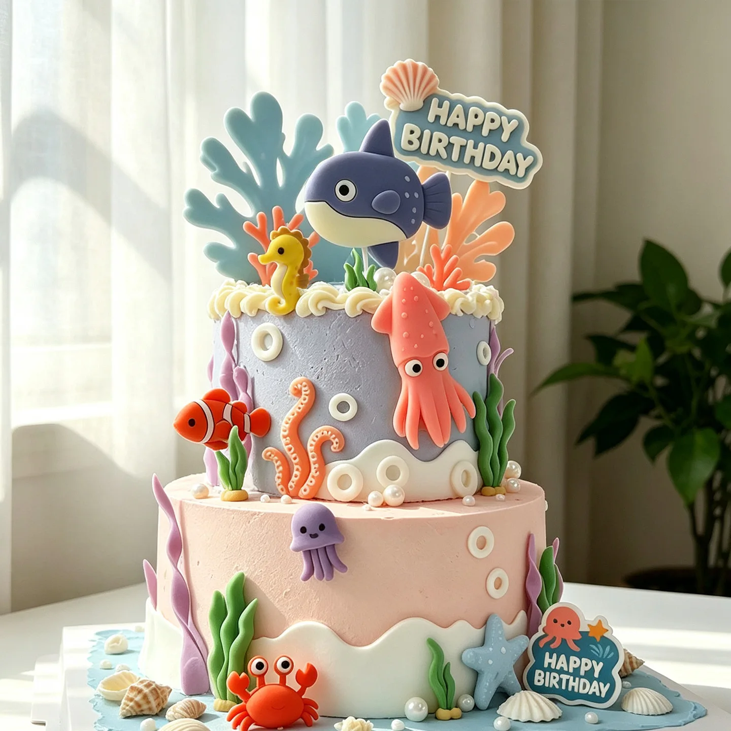 1Set Under the Sea Cake Decorations Mermaid Tail Cake Toppers Decor Seashell Sea Star Sea Plants Fish Mermaid Birthday Decor view 4