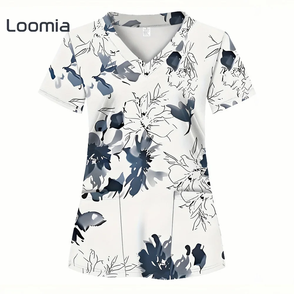 

Simple Botanical Print Woman Clothing Summer Women's T-Shirt Trendy Top Women Surgical Uniforms Woman Clinical Uniform Woman Top