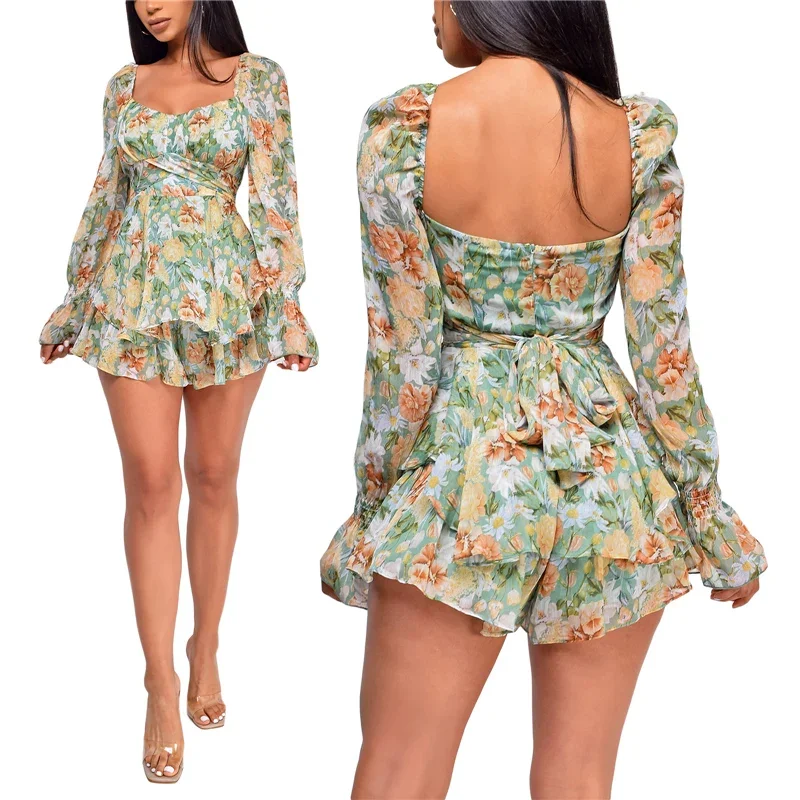 Robe Sexy à col carré pour femmes, tenue à bandes florales, taille haute, manches longues, dos nu, Mini, tenue de soirée, 2025