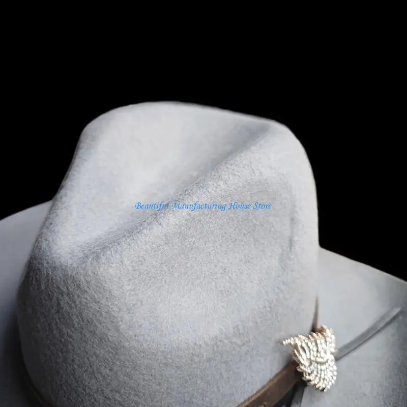 

E56A Homburg Top Hat with Exotic Belt Rhinestones Wool Top Hat Classical Porkpie Hat for Boy Men Adults Wool