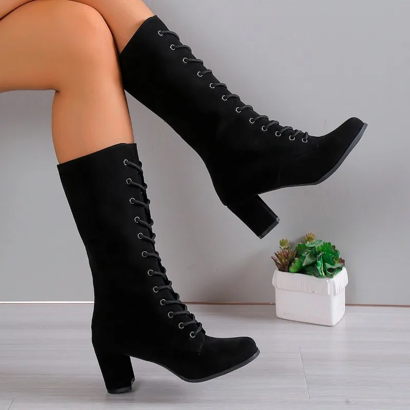 Womens Boots Fashion Vintage Lace-up Women Shoes Round Cowboy High Heels Booties 2024 Winter Vintage Retro Mid-Calf Thick Casual