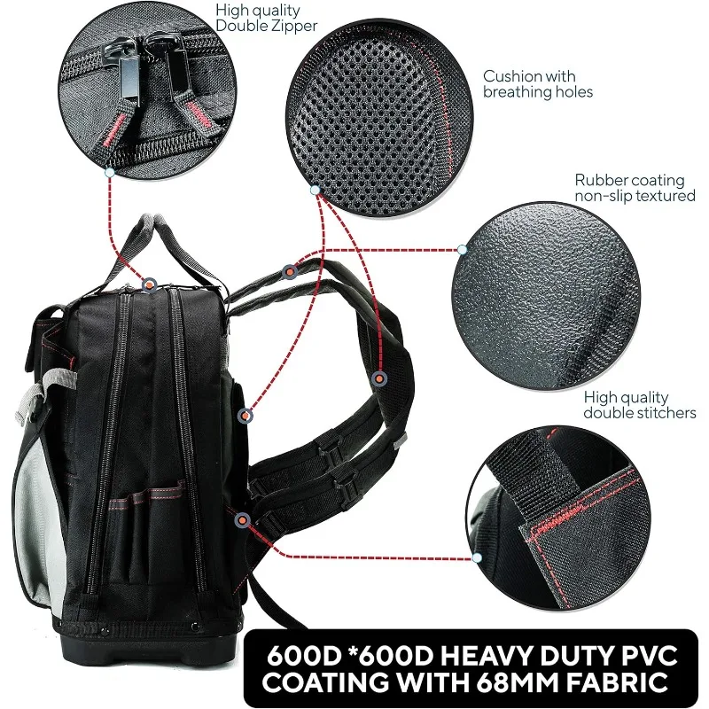 Backpack w/Reinforced Bottom - Waterproof PVC-Coated Tool Bag, Features Padded Back Support, Breathable Fabric,