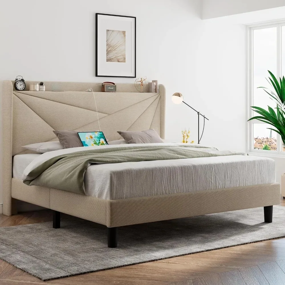 Bed Frame with Charging Station, Upholstered Bed Frame with Storage Headboard, Solid Wood Slats Support, No Box Spring Needed