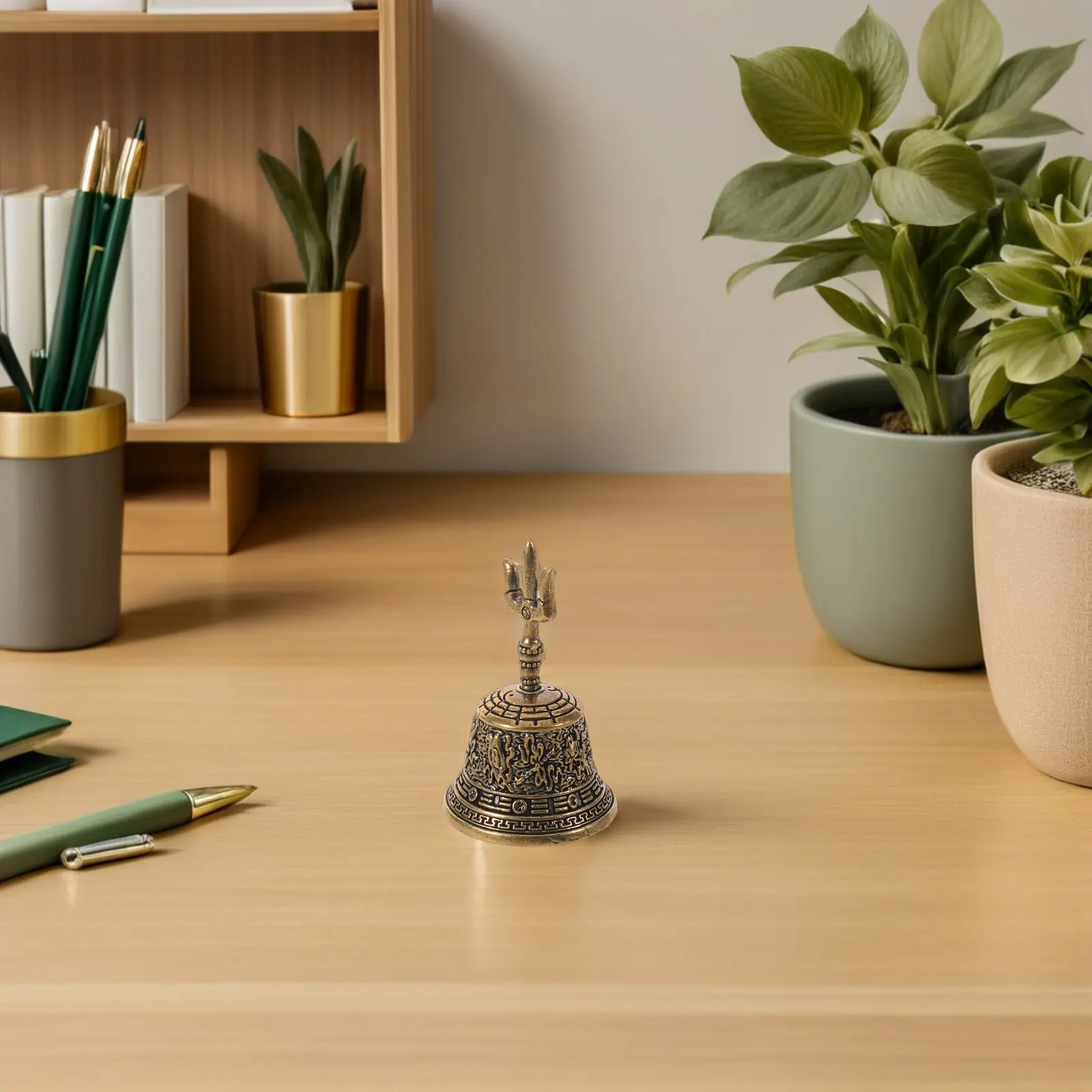 Brass Bell Chinese Traditional Handheld Bell with Copper Trident for Spiritual Reception Desk Home Decor