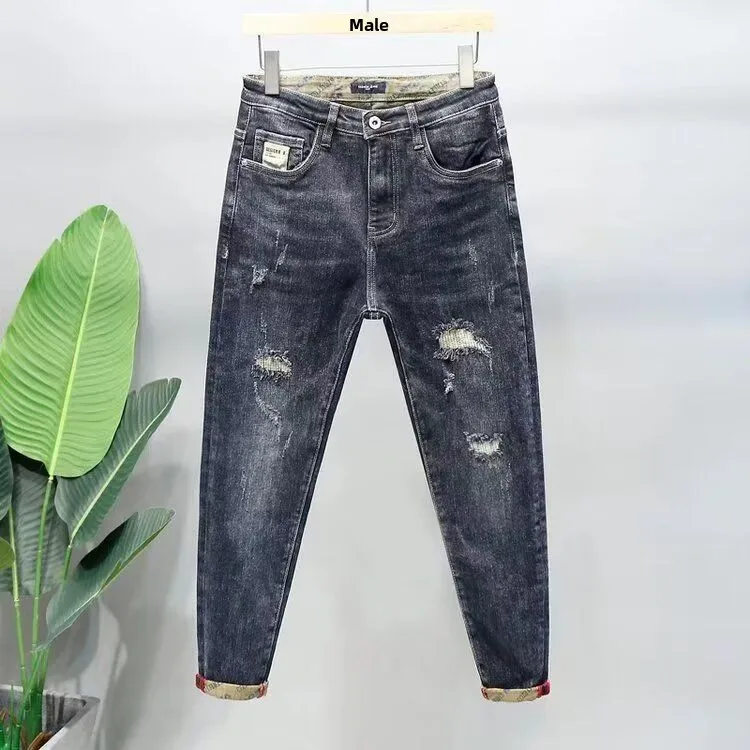 

Мужские джинсы Slim Straight Tube Vintage Fashion, американского стиля, со средней посадкой, из смесовой ткани (полиэстер/хлопок), на все сезоны, повседневные брюки