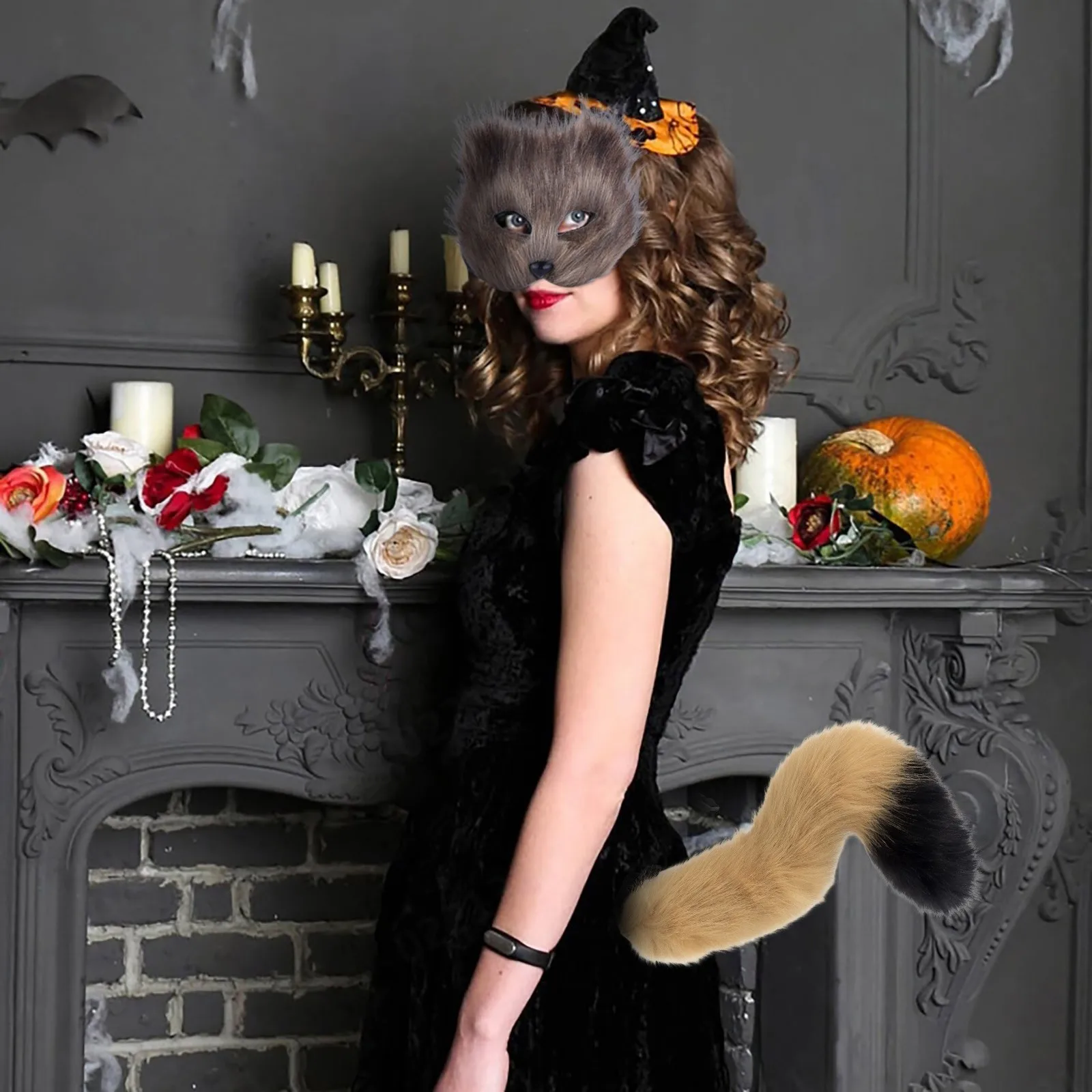 Sexy Mask and Tail Set Halloween Cosplays Costume Accessorie Cats Mask Tail Half Face Faux Furs Foxes Tail Cats Mask Plush Tail