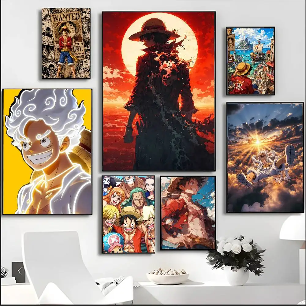 One Piece Luffy Pirate King Anime-Poster, HD-Leinwand-Wandkunst, wasserfester Druck, Schlafzimmer-Dekoration, Geschenk