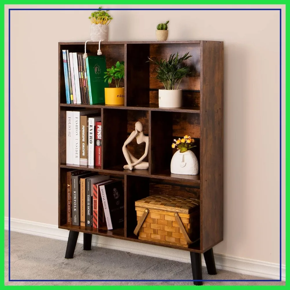 

3 Tier Cube Bookshelf, Mid-Century Modern Brown Bookcase with Legs, Freestanding Open Shelf for Living Room, Bedroom, Office