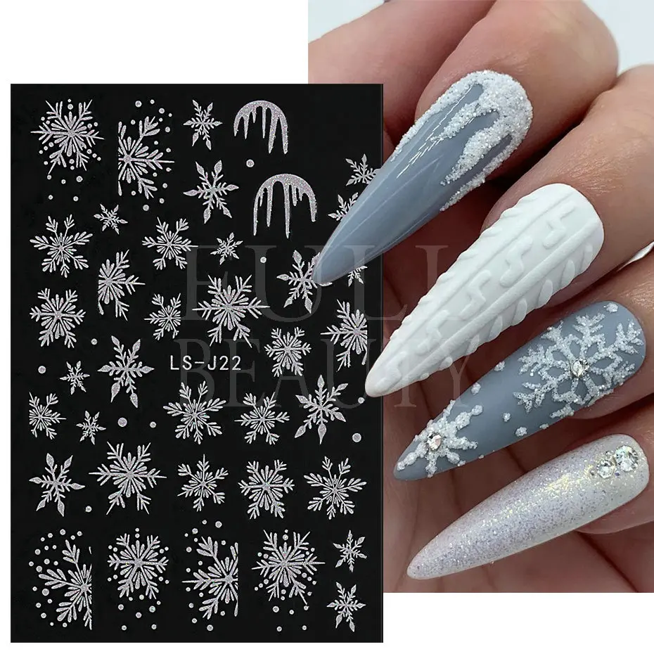 Glitter Christmas 3D Nails Stickers Snowflakes Xmas Elk Winter Snow Sliders Shiny Powder Design Heart French Nail Decals LS-J21