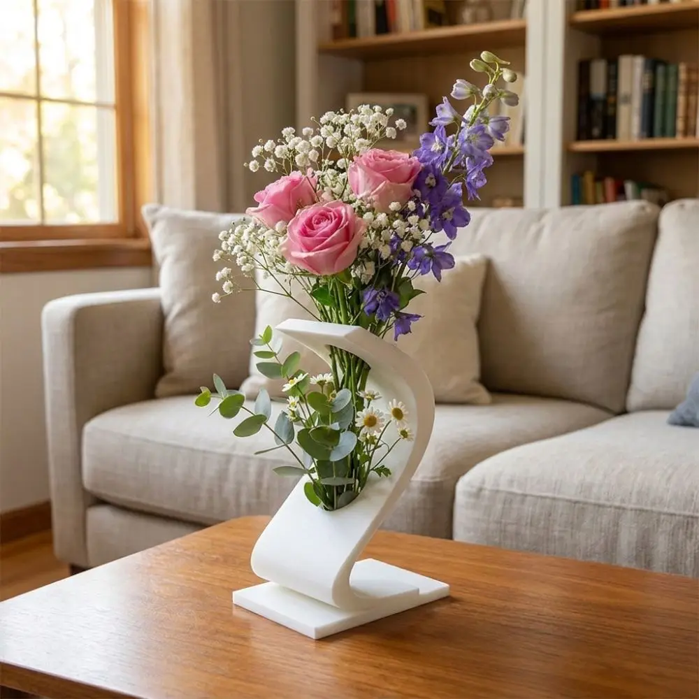 3D Printed S-shaped Twisted Vase Geometric Art Minimalist Flower Bouquet Holder Hollow Out Plastic Flower Ware Desktop