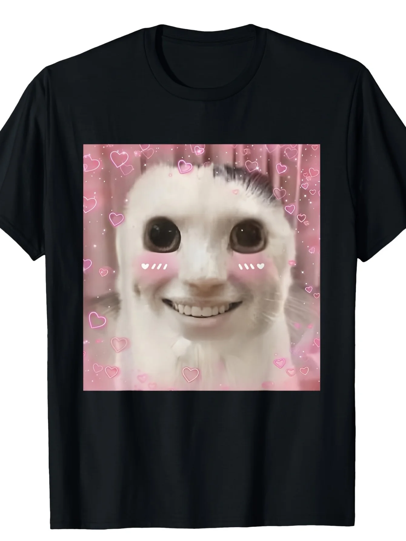 

2026 Весенне-летняя футболка с рисунком кота, хлопковая повседневная футболка с милым улыбающимся котом и сердечками, с коротким рукавом