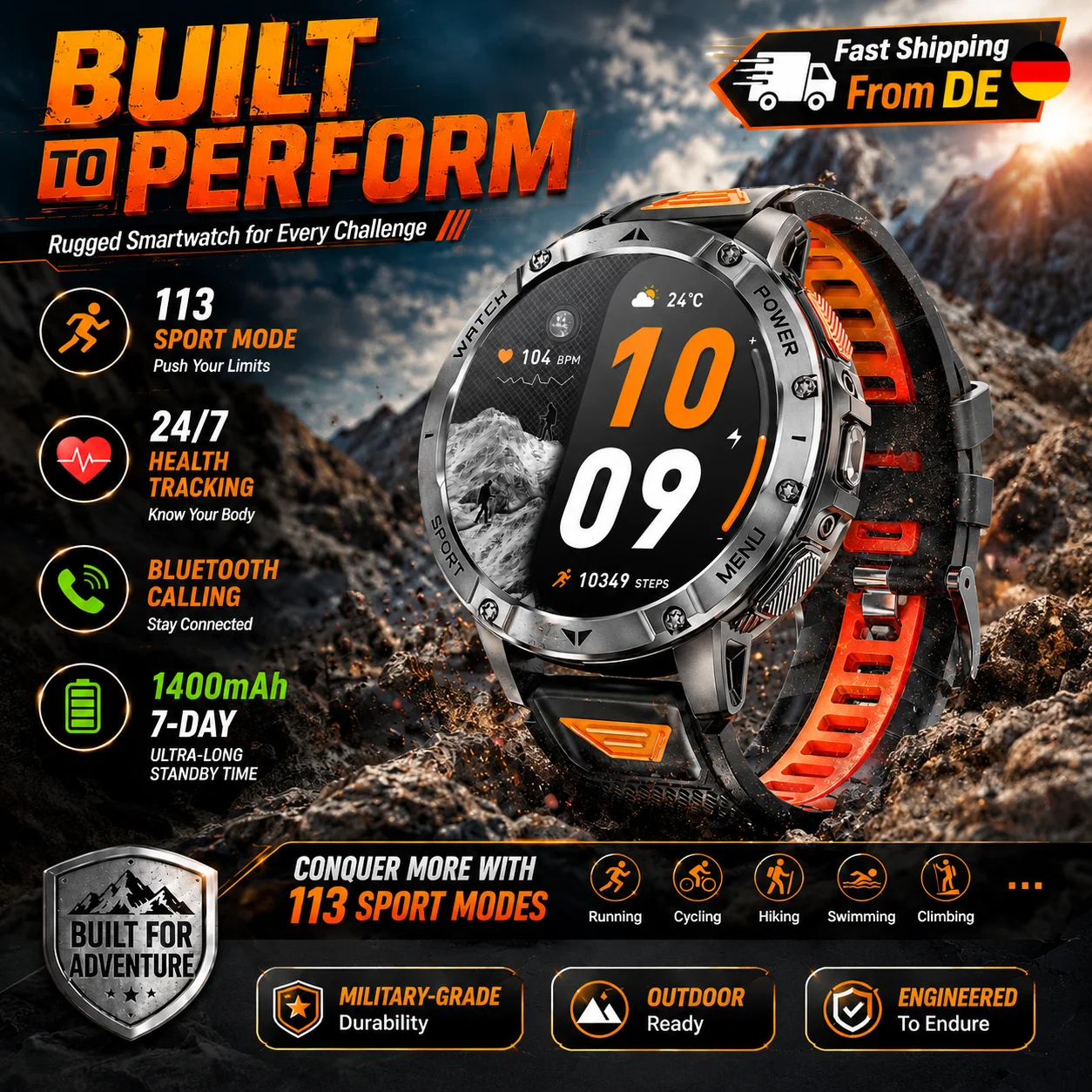 【DE Magazzino Locale】2026 Nuovo Smartwatch Militare Uomo,Schermo HD 1,7",Batteria 1400mAh,Chiamate Bluetooth,IP68 Impermeabile,100+ Modalità Sportive,Monitor Frequenza Cardiaca SpO2,Android iOS