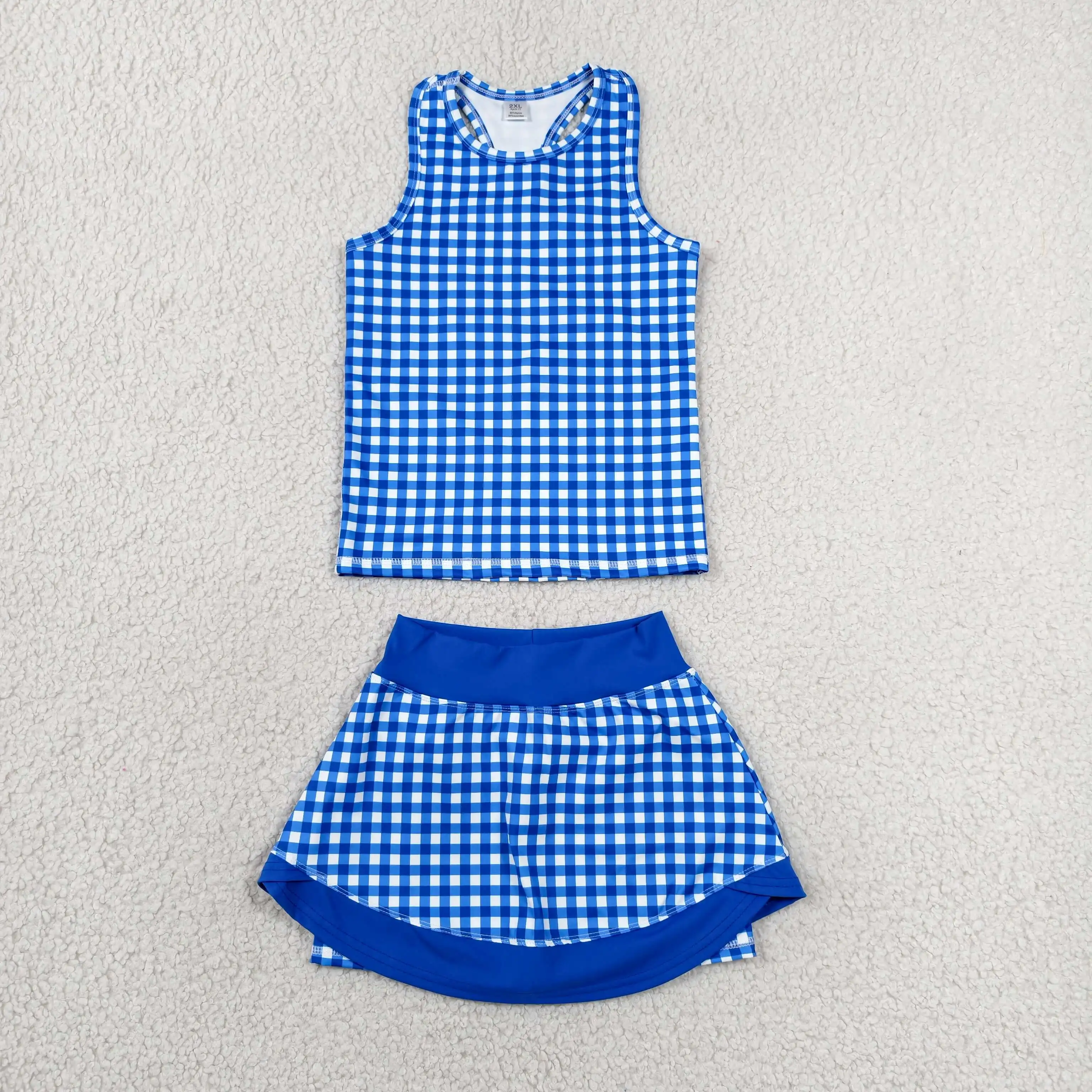 Wholesale Baby Girl Yoga Active Blue Plaid Clothing Toddler Shirt Ruffle Skirt Shorts Kids Skort Set Athletic Summer Clothes