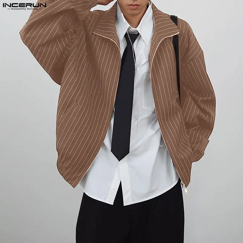 

INCERUN Men Jackets Striped Lapel Long Sleeve Zipper Loose Casual Male Coats Streetwear Fashion Leisure Thin Jackets Men S-5XL
