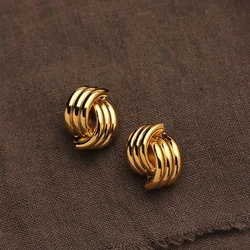 Boucles d'oreilles à nœud croisé texturé à trois couches pour femmes, boucle d'oreille en acier inoxydable, document doré brillant, cadeau de bijoux vintage, mode
