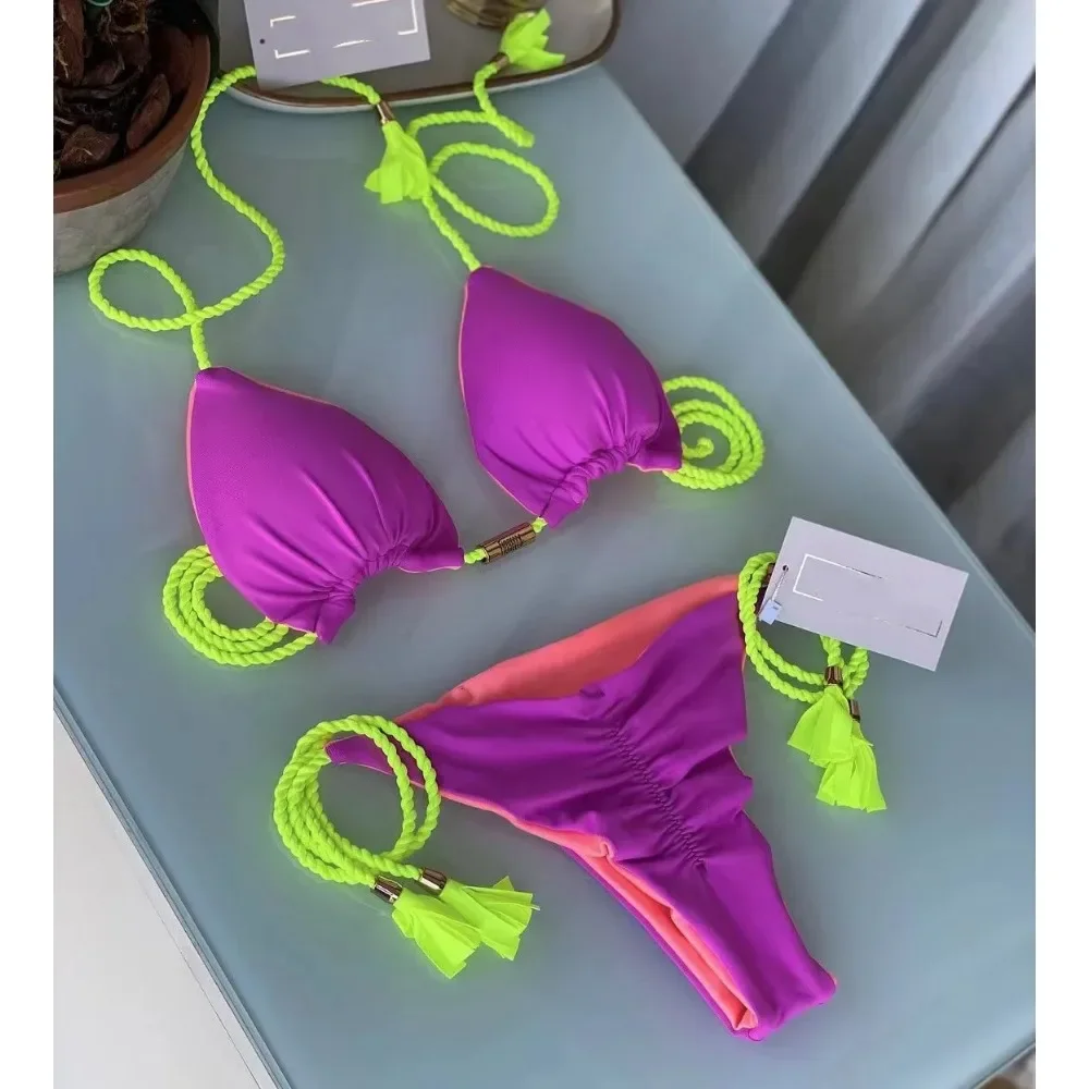 New Women Bikini Backless Rope Triangle Swimsuit Multicolor