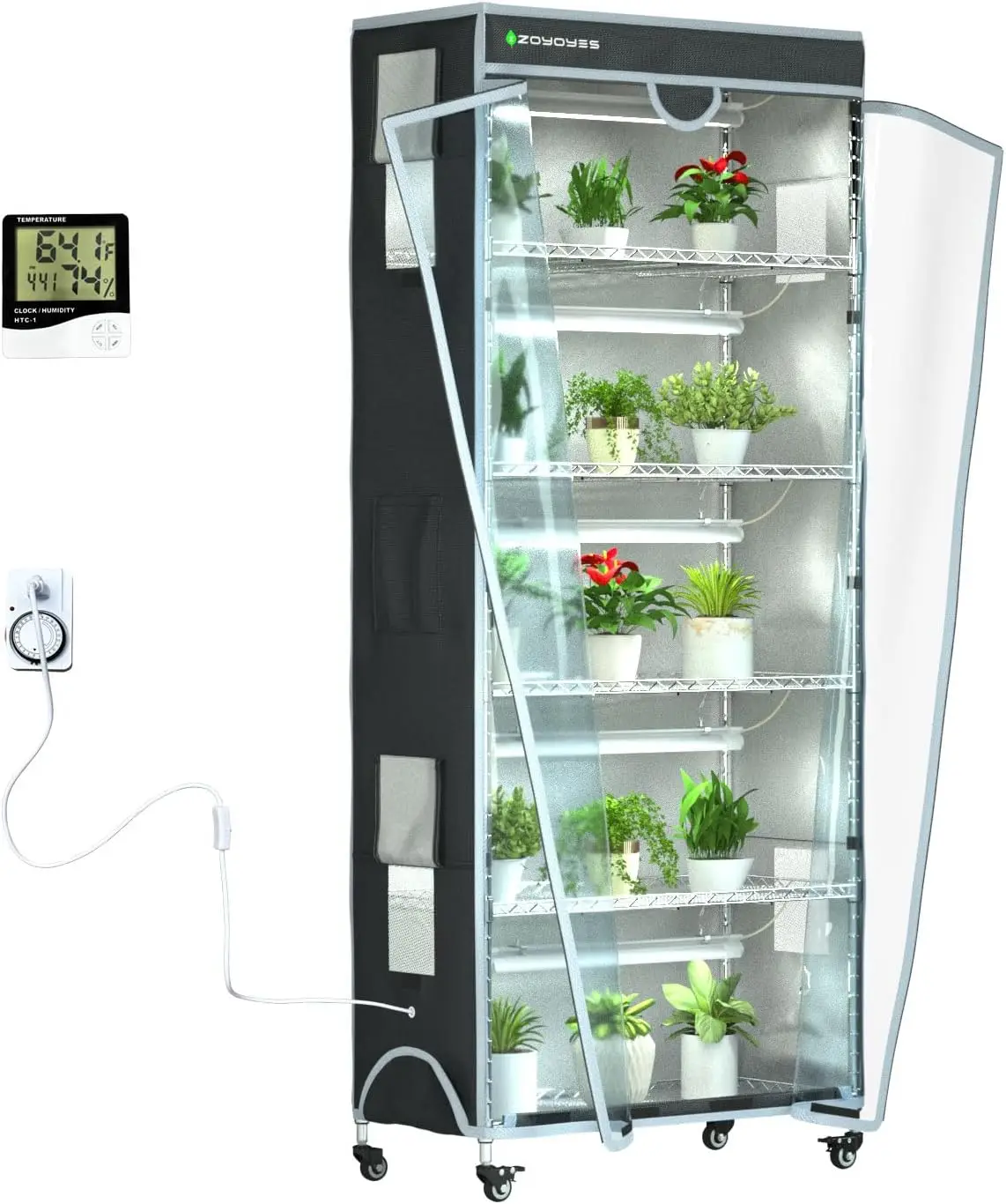 Indoor Greenhouse With Cover 6-Tiered With 5 Sets Of T8 Led Growth Lights Plant Rack With Thermometer Timer For Seedling