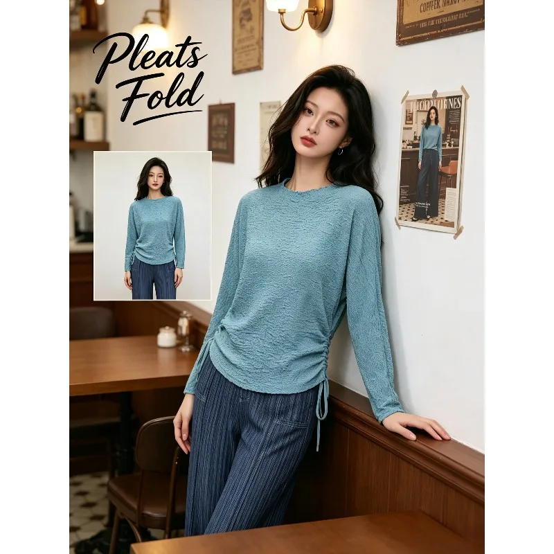 Miyake Pleated 2026 Autumn New Side Drawstring Pleated Solid Color Fashion Simple Casual Versatile Commuter Top for Women Pleat