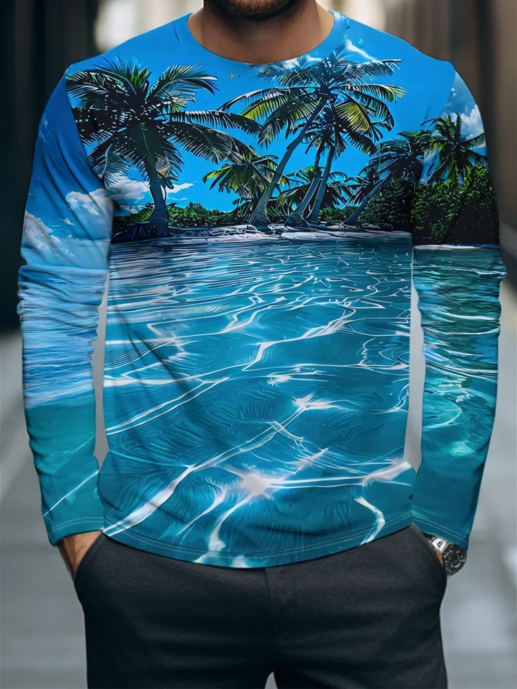 Men's Retro Neon Tropical Beach Long Sleeve T-Shirt Palm Tree Sunset Ocean Sailboat Graphic Tee Pullover Tops Gift New Summer