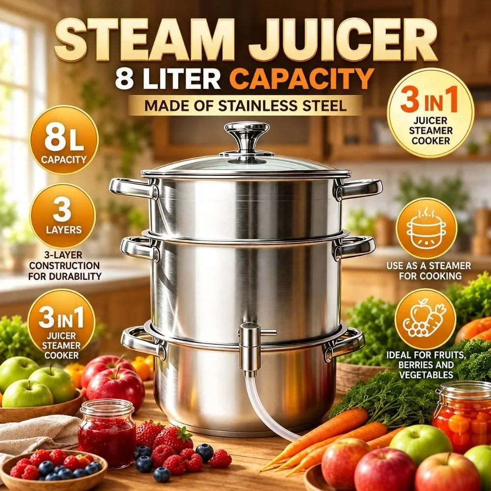 Stainless Steel ‌juice Steamer Pot with Lid 6/8L Steam Juice Extractor Pot Multi-layer Easy Clean Steam Juicer Household