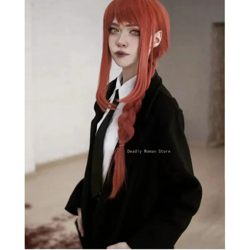 Anime tronçonneuse homme Makima Cosplay Costume noir Trench chemise cravate pantalon Makima perruque longue lumière rouge tresse hommes femmes Costume uniforme
