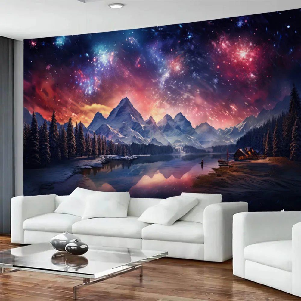 Dreamy Neon Starry Night Forest Lakeview Tapestry - Landscape Painting for Bedroom Living Room Homestay Dreamy Atmosphere Decor