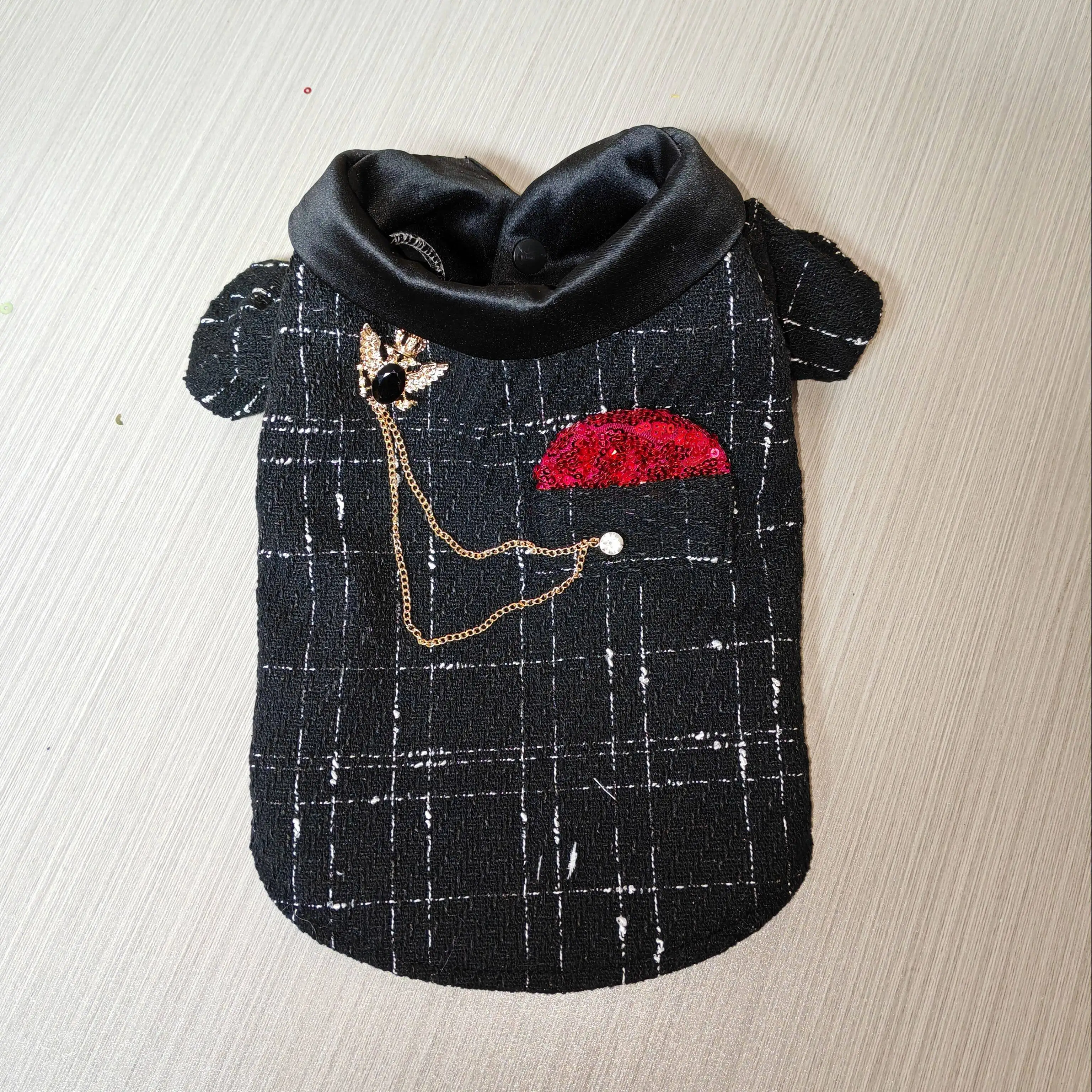 Handmade Black Checkered British Style Dog Clothes Two-Piece Set Cool Jacket And Tailored Skirt for Dogs Pet Supplies