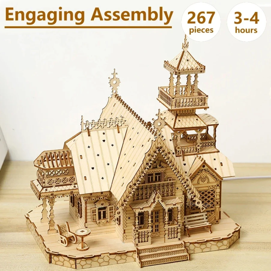 3D Wooden Puzzle Light Villa DIY Brain Teaser Kids' Christmas Gift Illuminated 3D Assembly Model Creative Wooden Building Kit