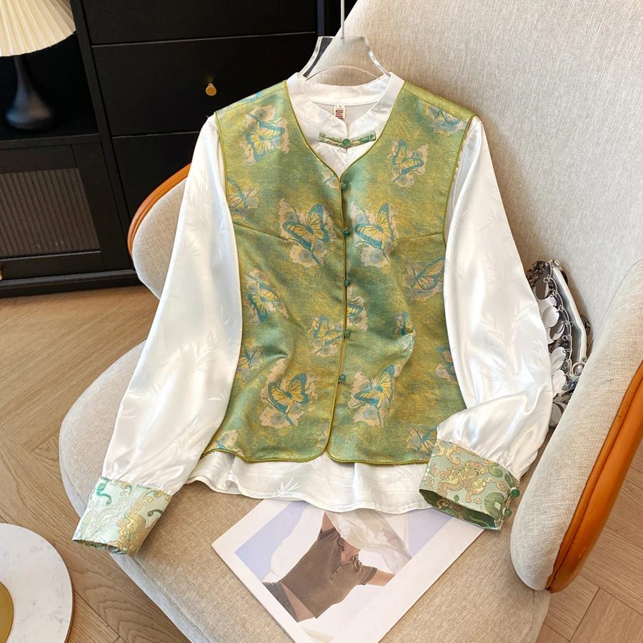 New 2026 Autumn Chinese Style Embroidered Satin Handmade Button Stand Collar Top Lady Elegant Personality Vest  Green