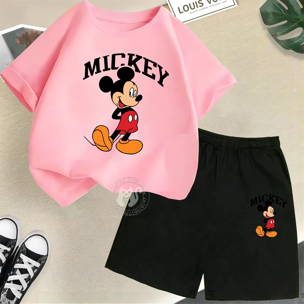 Disney Mickey Mouse Minnie Printed 100% Cotton T-shirt+Shorts Summer Short sleeved Boys and Girls Round Neck Children\'s Set