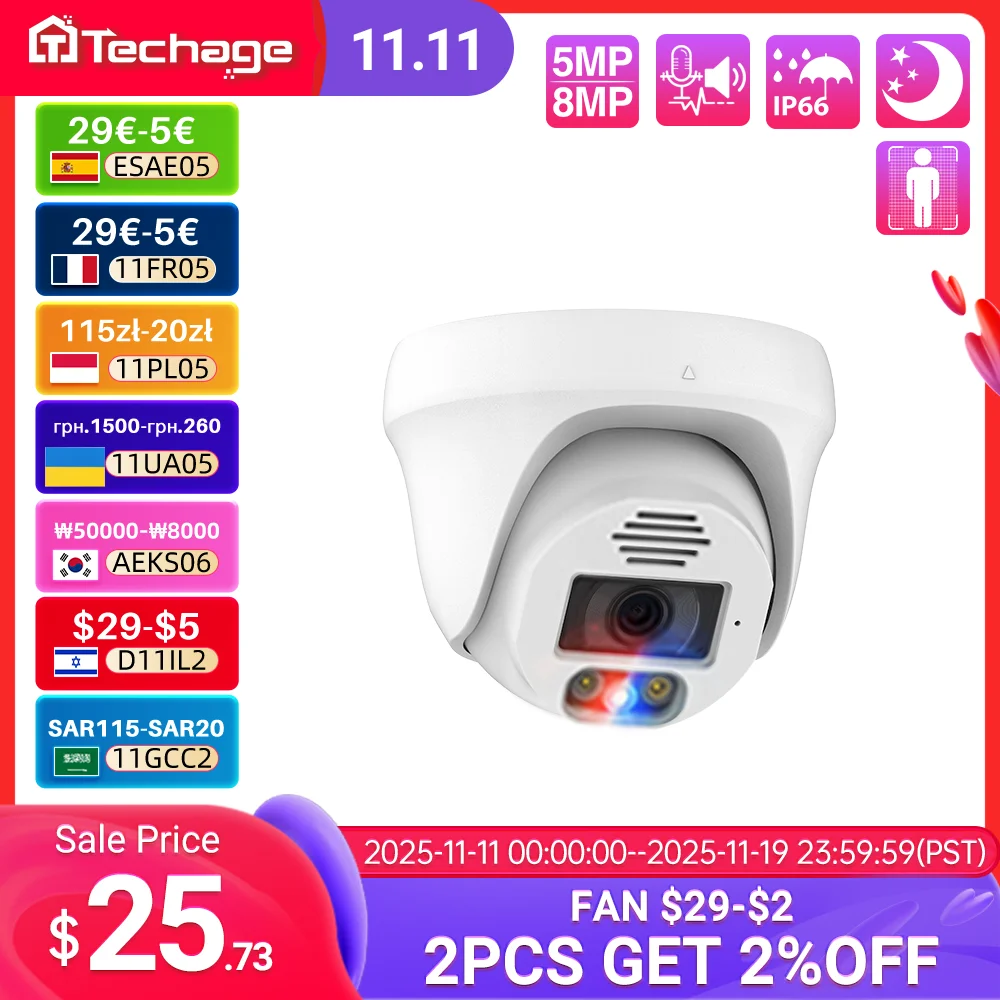 

Techage 5MP/8MP Indoor Dome PoE IP Camera 2-way Audio Color Night Vision For PoE NVR Kit CCTV System 3.6mm Motion Detect