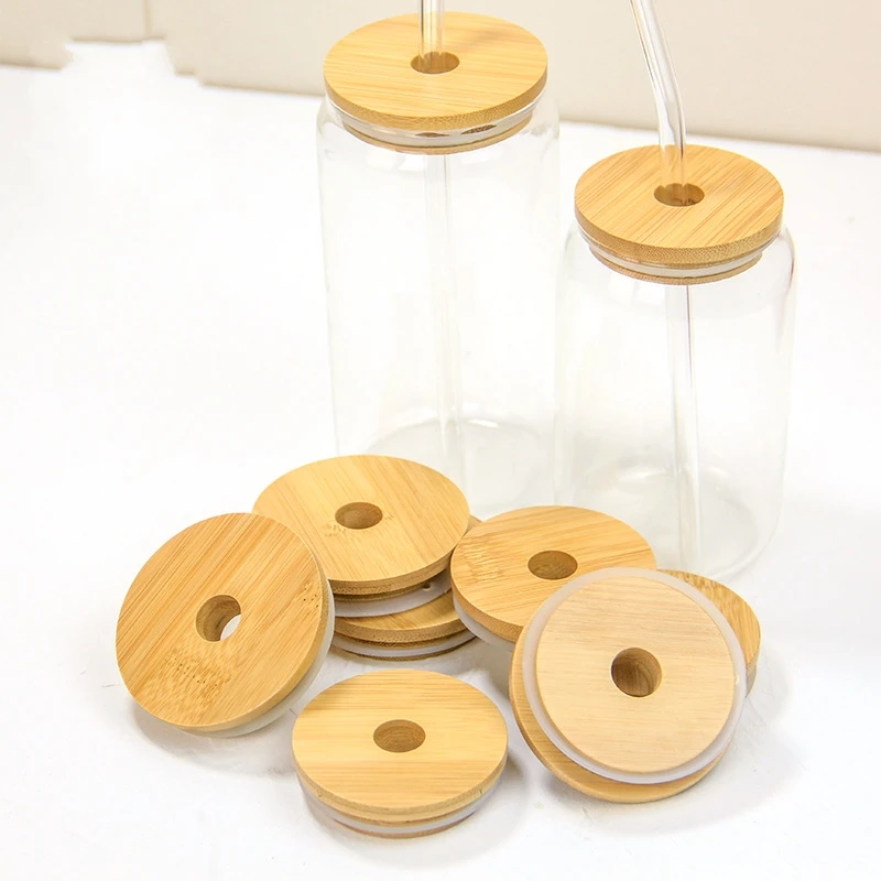 

20Pcs Reusable Covers Caps Storage Bottles Smoothies Canning Mason Jar Lid Wide Mouth Cup Bamboo Wood Lids With Straw Hole