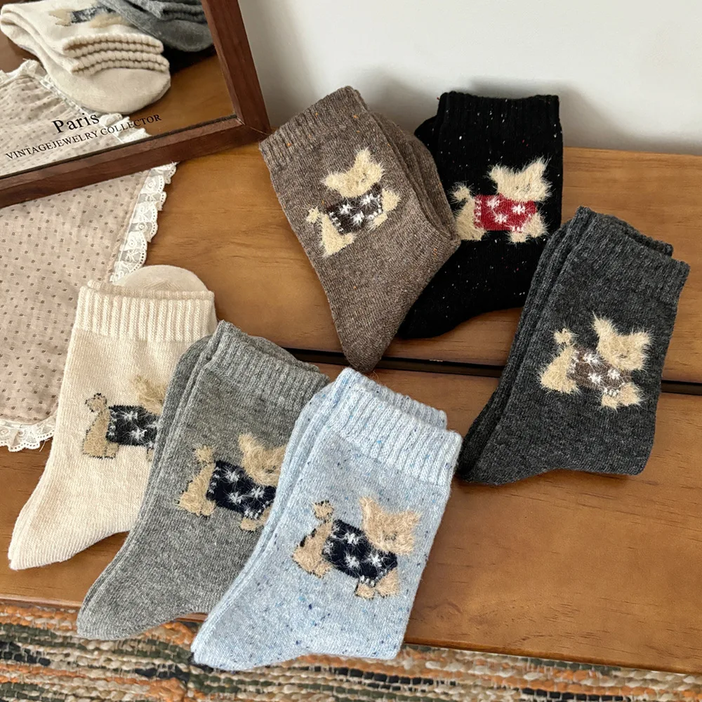 6 Pairs Wool Warm Socks Set Autumn Winter Mid-Calf Long Socks for Woman Warm Cute Cartoon Puppy Design Cotton Socks High Quality