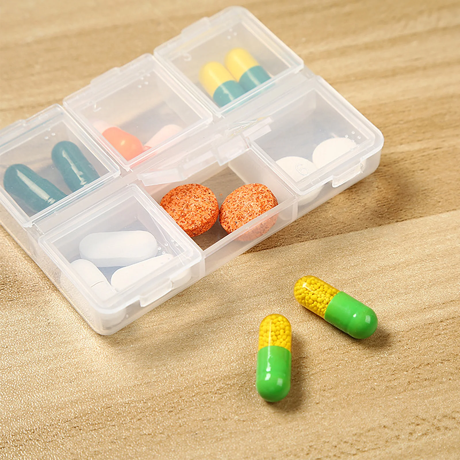 

6 шт., 6-ячеечные коробки для таблеток, органайзер для лекарств Braille, портативный чехол для хранения для путешествий, дома, косметика, держатель для резинок и мелочей