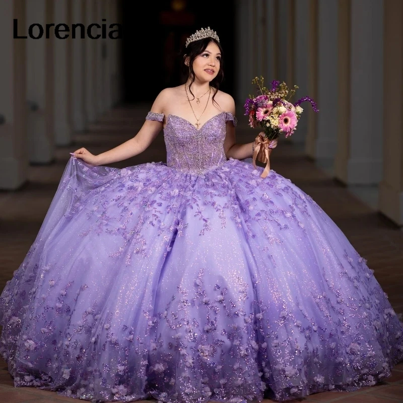 Lorencia ชุดเดรสชุดไปงานเต้นรำลาเวนเดอร์ Quinceanera ลูกไม้ลายดอก3มิติประดับด้วยลูกปัดแม็กซิกันแบบหวาน16ชุดเดอ15 YQD820