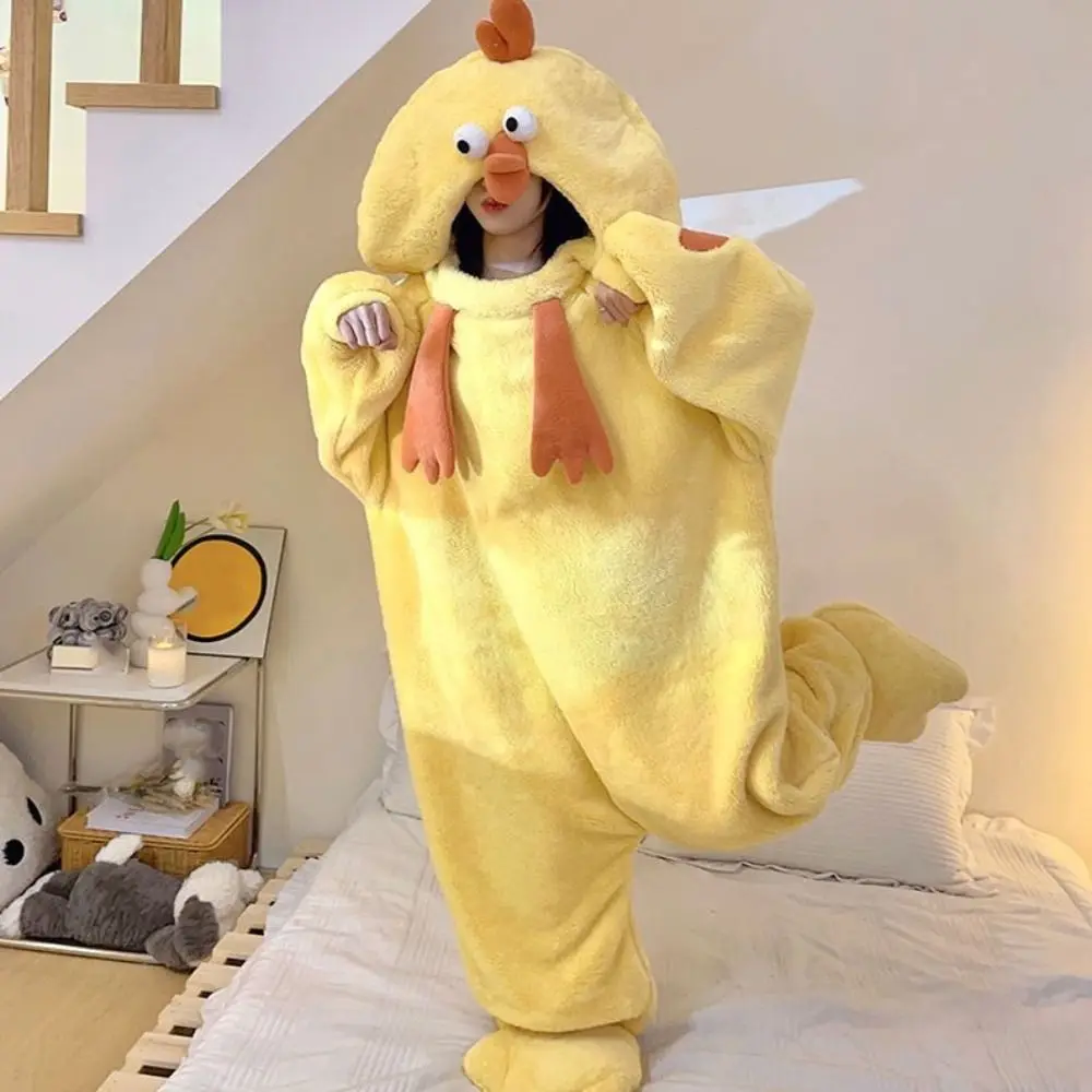 Pijamas de pollo de dibujos animados, mono de manga larga para estar en casa, ropa de dormir de forro polar coral, pijamas cálidos y divertidos de pollo amarillo pequeño.