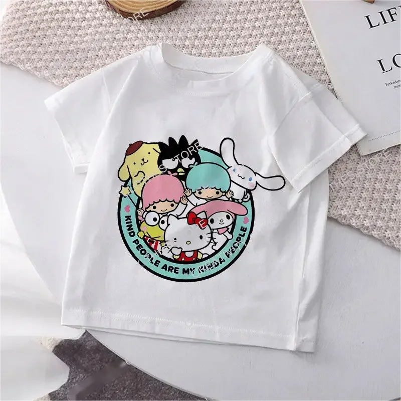 Hello Kitty Children\'s T-shirt Y2k Cotton Sanrio Kuromi Melody Anime Tee Shirts Cartoons Kid Girl Boy Streetwear Casual Clothes