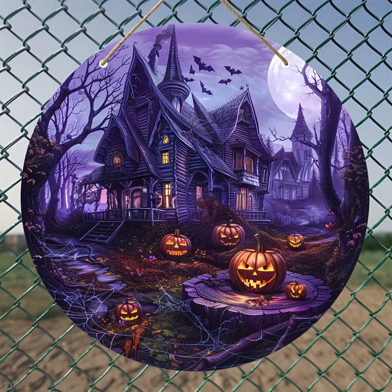 1 vintage Halloween wooden sign - a haunted house with pumpkin lanterns, a full moon and bats, and country circular decorations