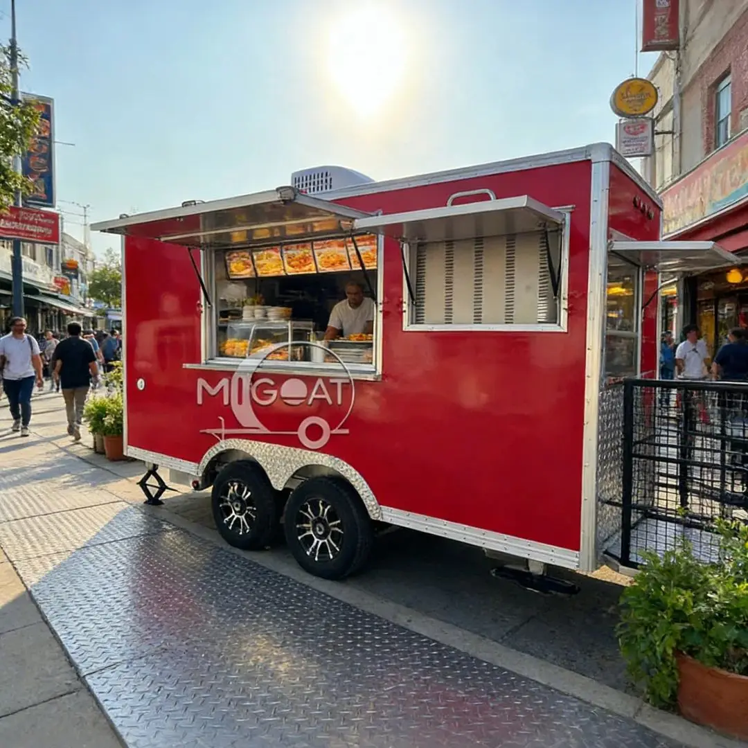 

Red Towed Outdoor Food Trailer, Mobile Commercial Kitchen Stainless Steel Equipment, Vending Cart