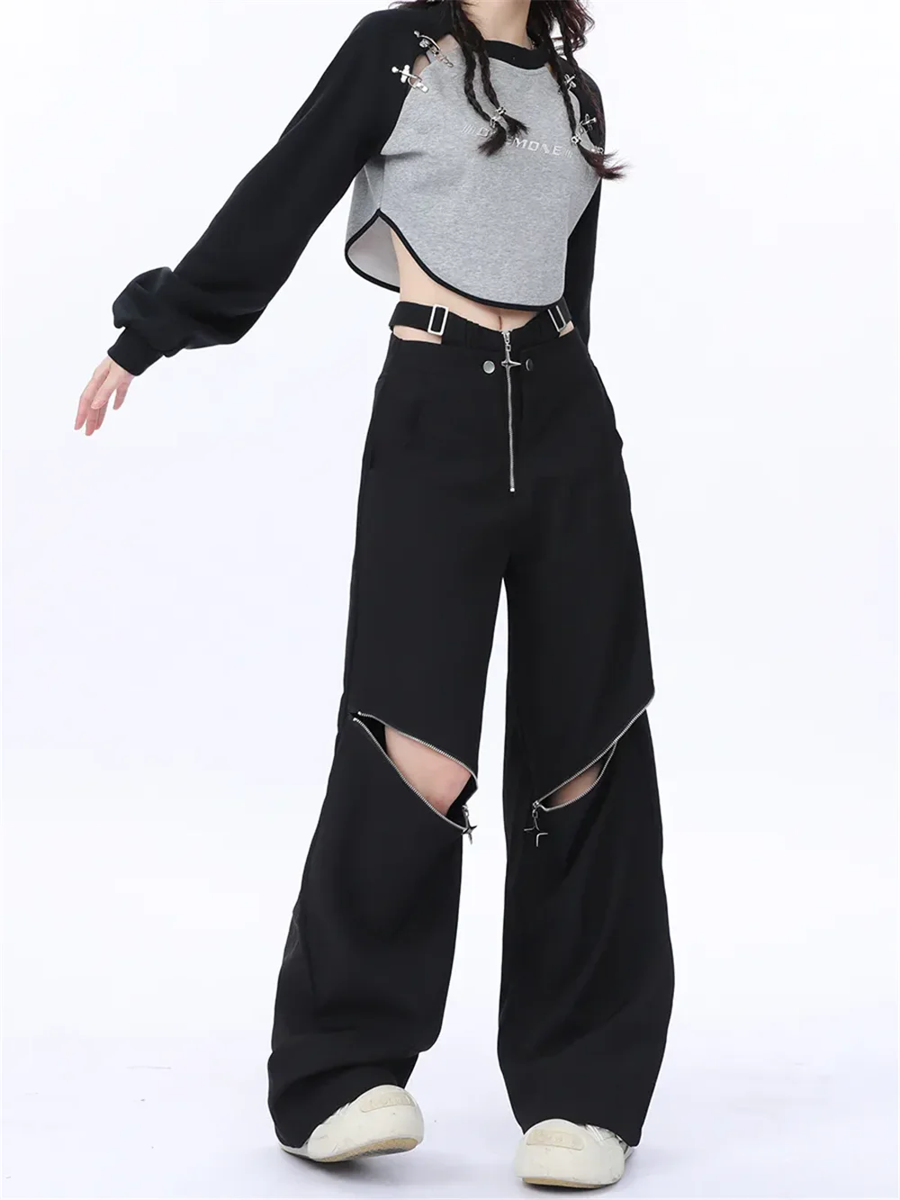 Y2k Summer Black Cargo Pants Women Casual Original Retro Multi Zip Pocket Two Wear Design Drawstring Casual Oversized Trousers