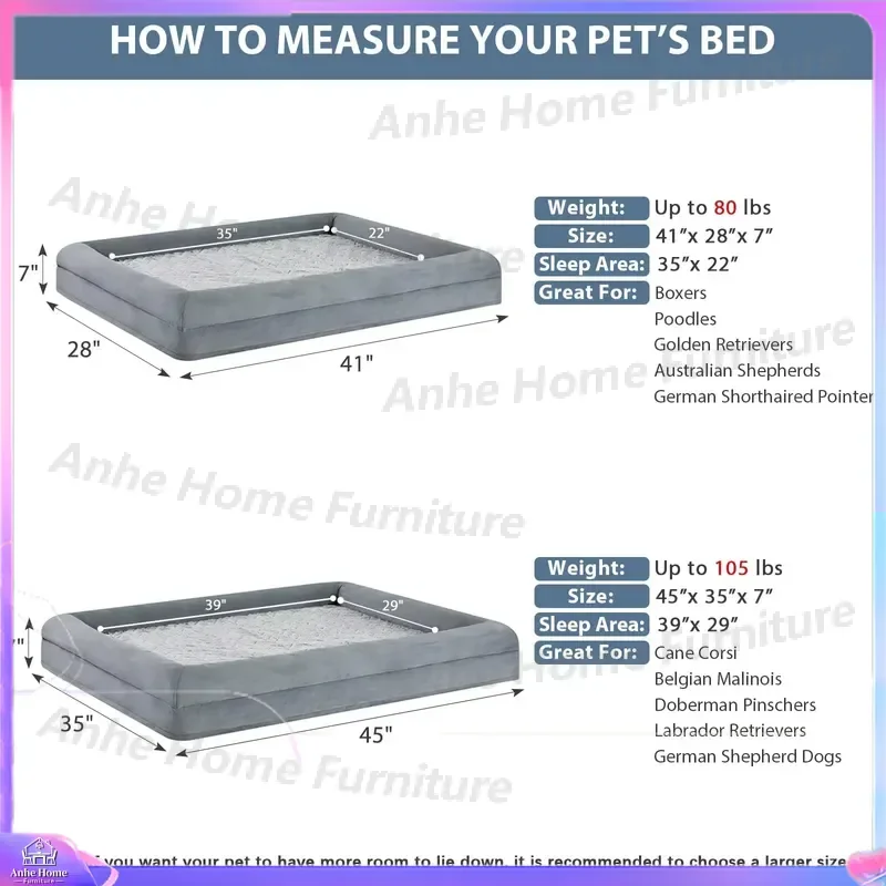 Large Orthopedic Dog Bed Washable Velvet Pet Sofa Removable Waterproof Cover Memory Foam Filled Side Pad for Large Dogs