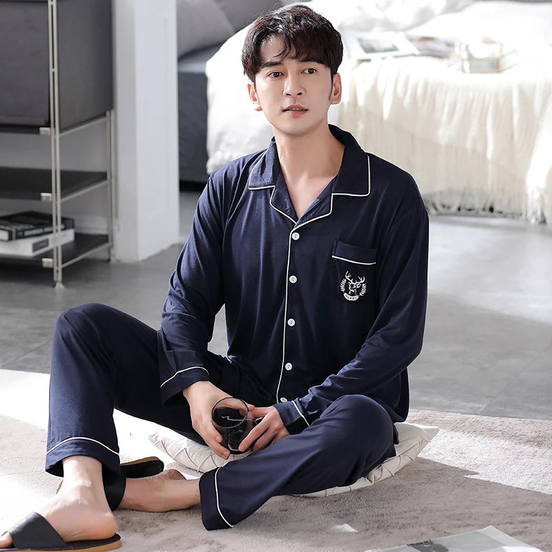 Long Pants + Long Sleeve Tops Pajama Sets Men Spring Modal Pajamas Home Suit Mens Sleepwear Loose Button Cardigan Nightwear 4XL