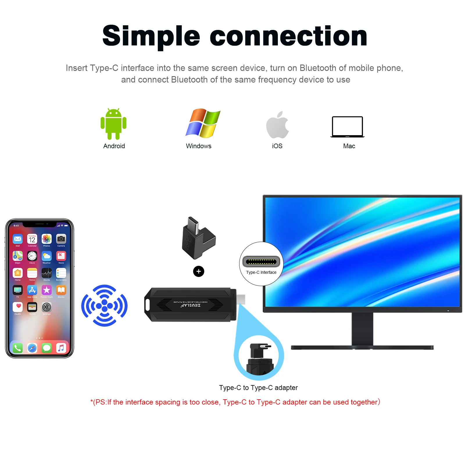 ZEUSLAP-썬더볼트 타입 C 1080P 무선 WiFi 디스플레이 TV 동글 수신기, Miracast Airplay DLNA 휴대용 모니터